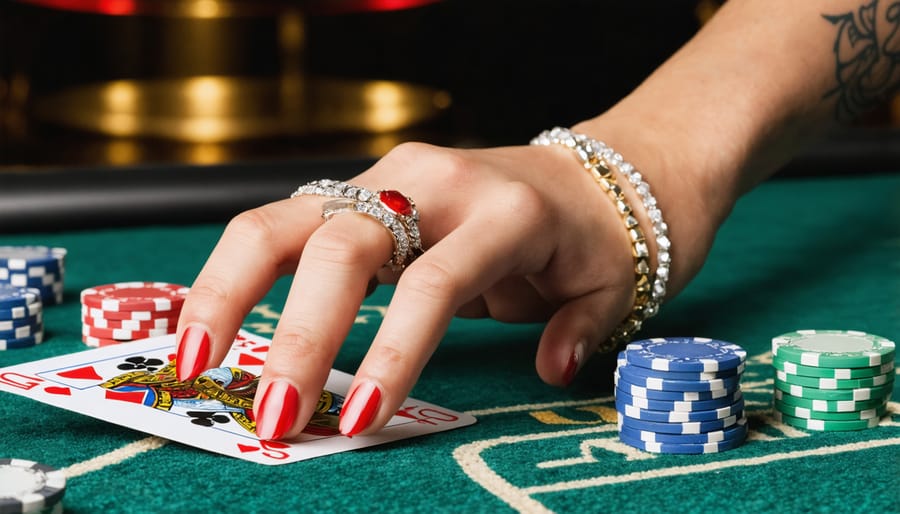 Close-up of hands wearing elegant gold jewelry with casino chips and cards