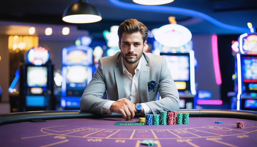 Woman wearing silk blouse and blazer in comfortable home casino night setting