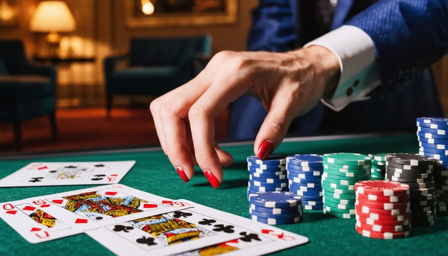 Woman in elegant black slip dress sitting at home desk playing online casino games