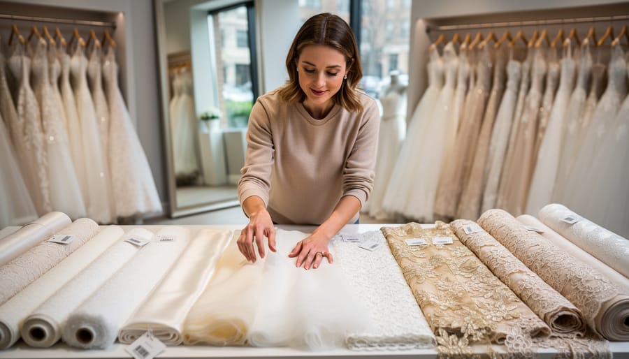 Bride-to-be holding a sewing-measure tape and bridal fabric swatches in a boutique