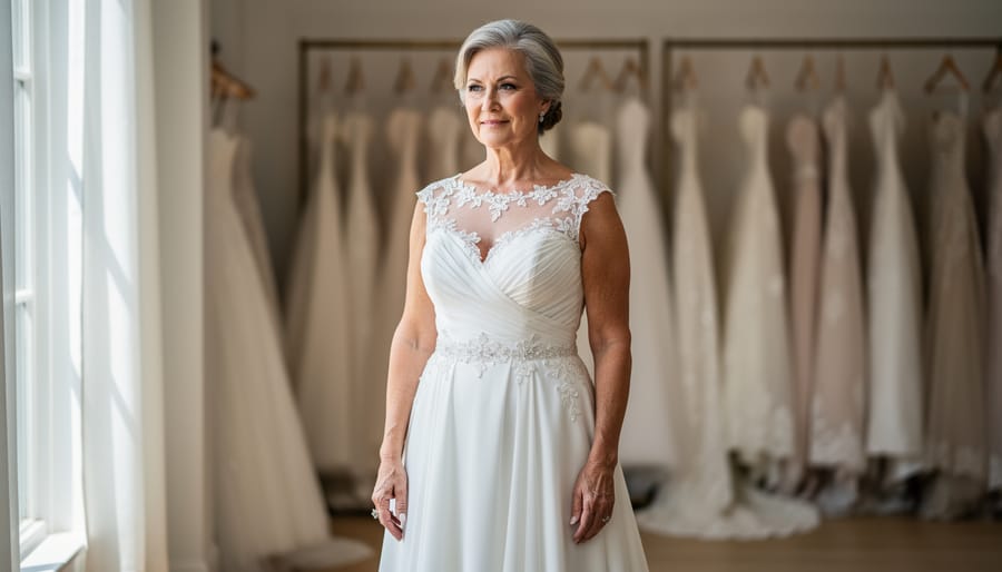 Close-up view of luxurious wedding dress fabrics including satin, lace, and crepe draped on a mannequin.