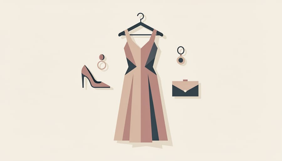 Cut-out fashion dress laid on a bed with heels and clutch, studio-lit scene with a softly blurred vanity in the background