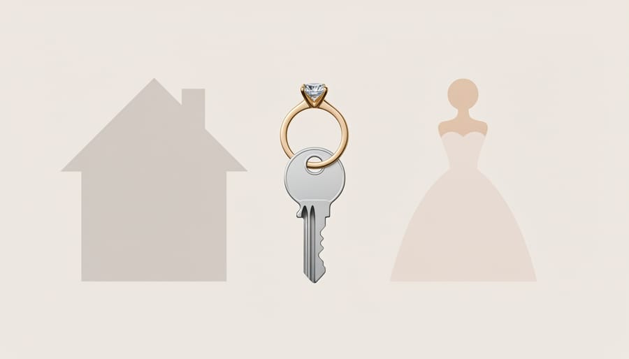 Key being placed into a bride’s hand next to a garment bag in a bright real estate office