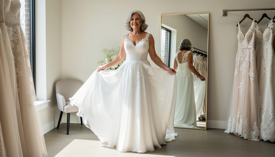 Mature bride trying on an A-line wedding dress in a boutique fitting room while looking in the mirror.