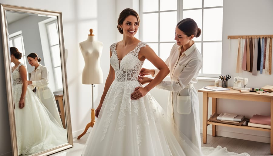 Tailor’s hands pinning and adjusting the hem of an ivory wedding dress on a dress form.