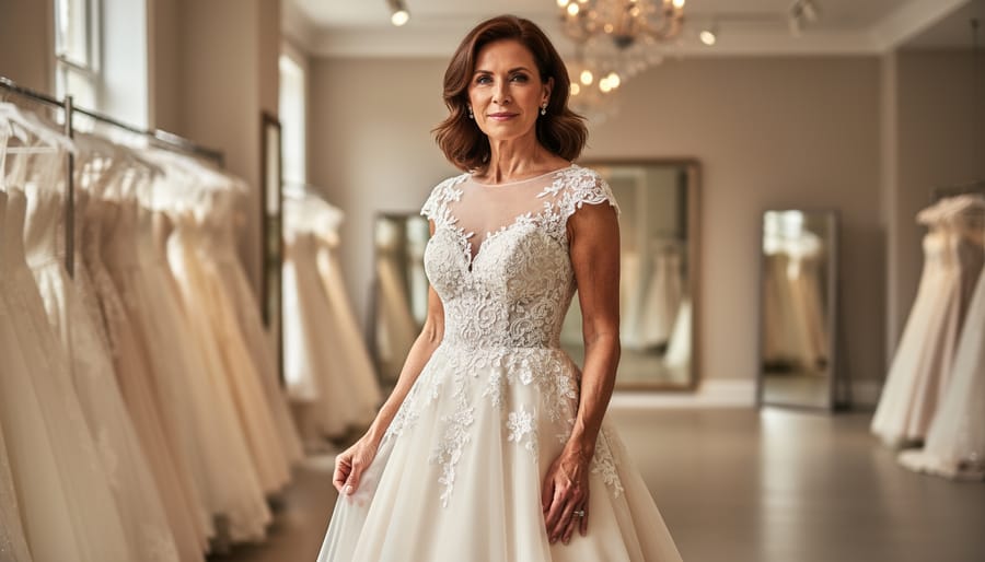 Mature bride in an elegant A-line wedding gown with lace details standing in a bridal boutique under soft window light.