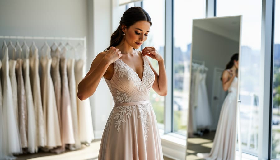 Bride-to-be adjusting a satin wedding dress in a bright boutique showroom, with modern wedding gowns softly blurred in the background.