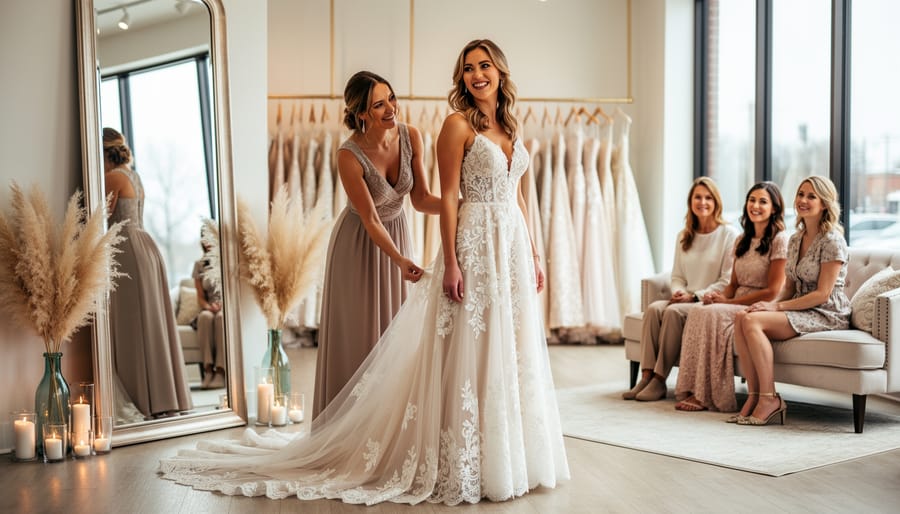 Bride adjusting the lace sleeves and skirt of a bridal gown in a boutique fitting room.