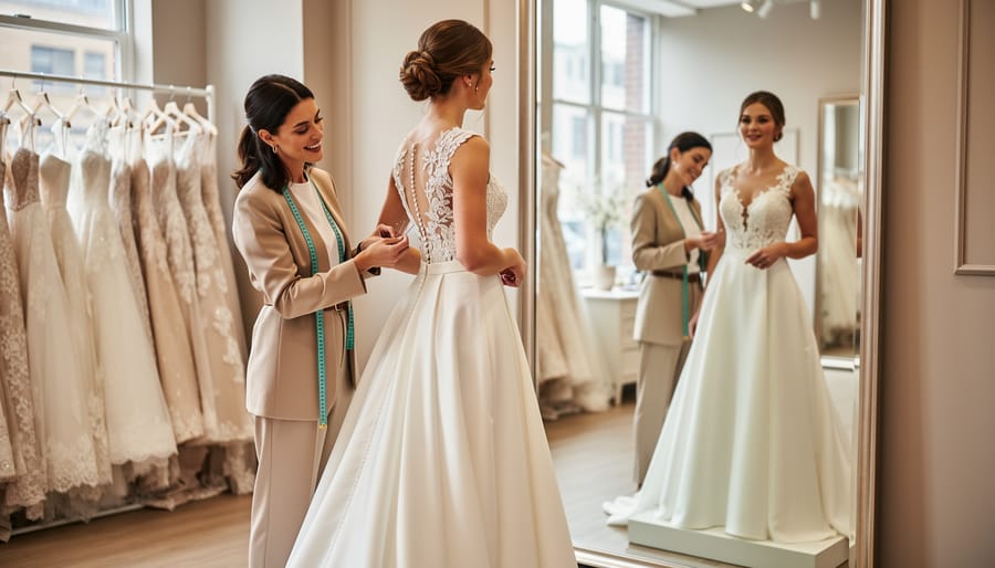 Bride and bridal stylist discussing a made-to-order wedding gown displayed on a mannequin in a boutique