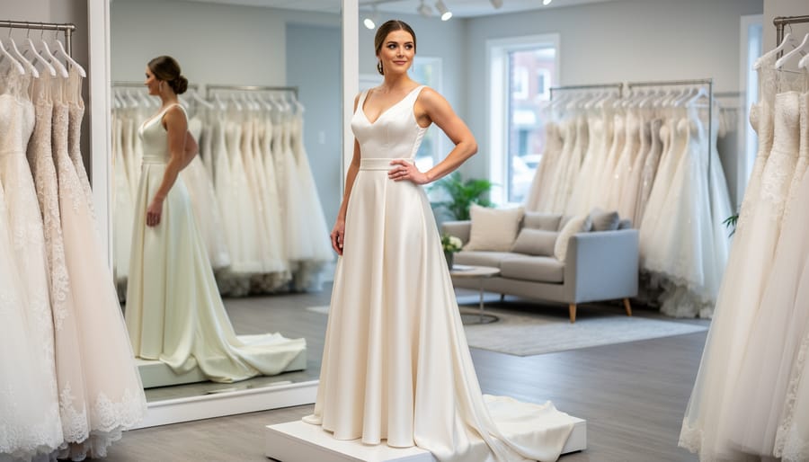 Bride holding satin wedding dress fabric in a fitting room with a mirror and hanging garments in the background