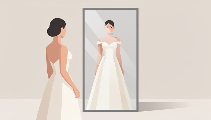 Bride’s full-length reflection in a mirror wearing a wedding dress with a softly lit boutique background