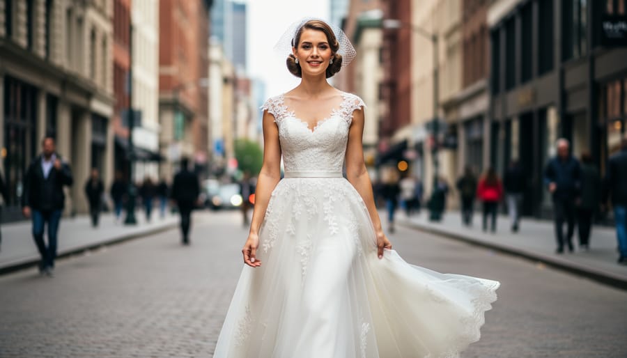 Bride wearing a vintage beaded wedding dress outdoors near a heritage building at golden hour