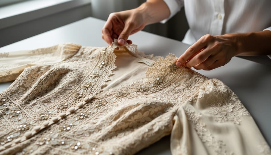 Gloved professional examining lace stitching on a vintage wedding dress with a magnifying glass