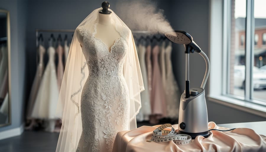 Lace wedding gown on a boutique mannequin with veil drape, garment steamer, and measuring tape on satin fabric in a bright bridal shop setting