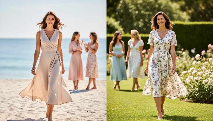 Lightweight wedding guest dresses styled for beach and garden daytime weddings