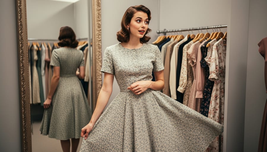 Person trying on a vintage lace wedding dress in a fitting room with a mirror