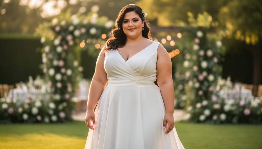 Plus-size model wearing a blush midi wedding guest dress in an outdoor garden setting