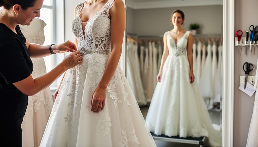 Seamstress adjusting and pinning a wedding dress with measuring tools on a tailoring table