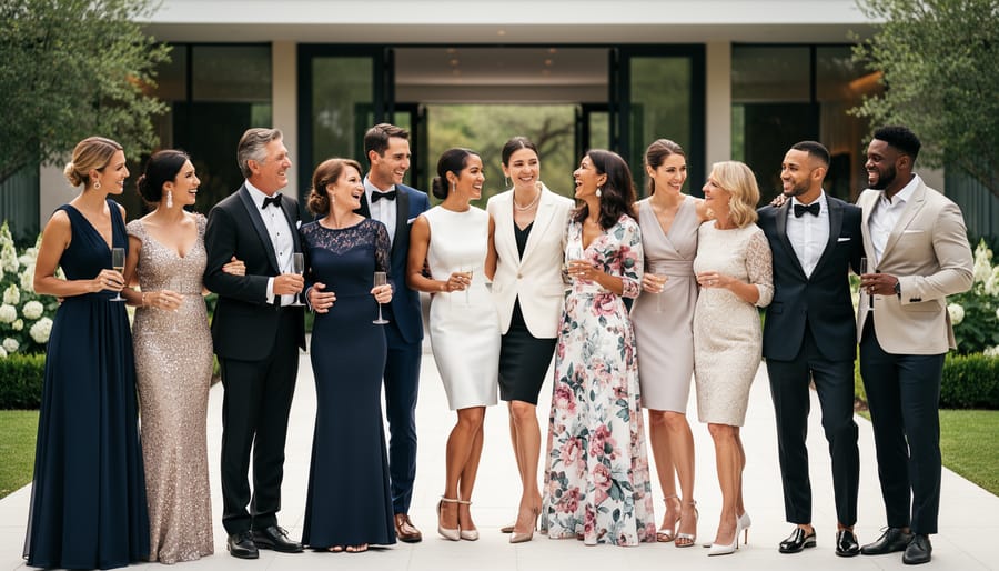 Three wedding guests wearing different wedding guest dress styles outdoors at a modern venue