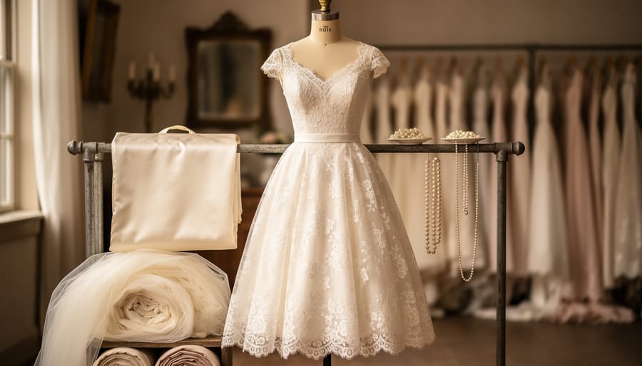 Vintage lace tea-length wedding dress displayed on a mannequin in a Toronto bridal vintage boutique with ivory tulle and pearl accessories.