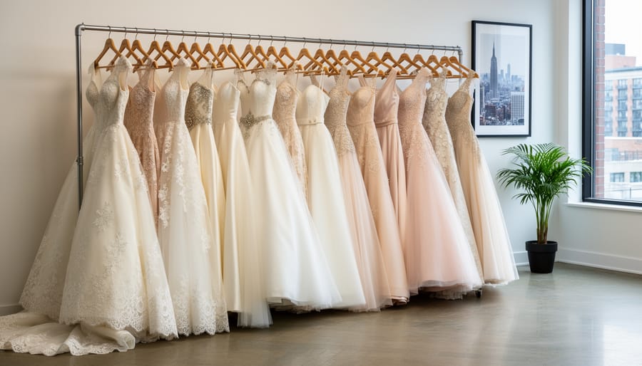 Vintage wedding dresses hanging on a boutique rack with detailed lace and satin textures