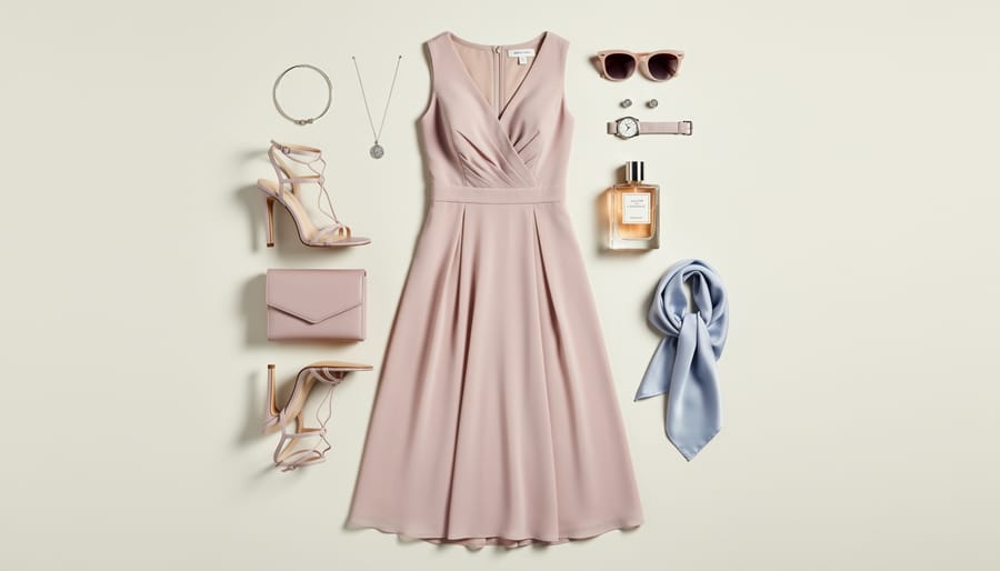 Wedding guest dress laid flat with accessories like a clutch and jewelry beside it