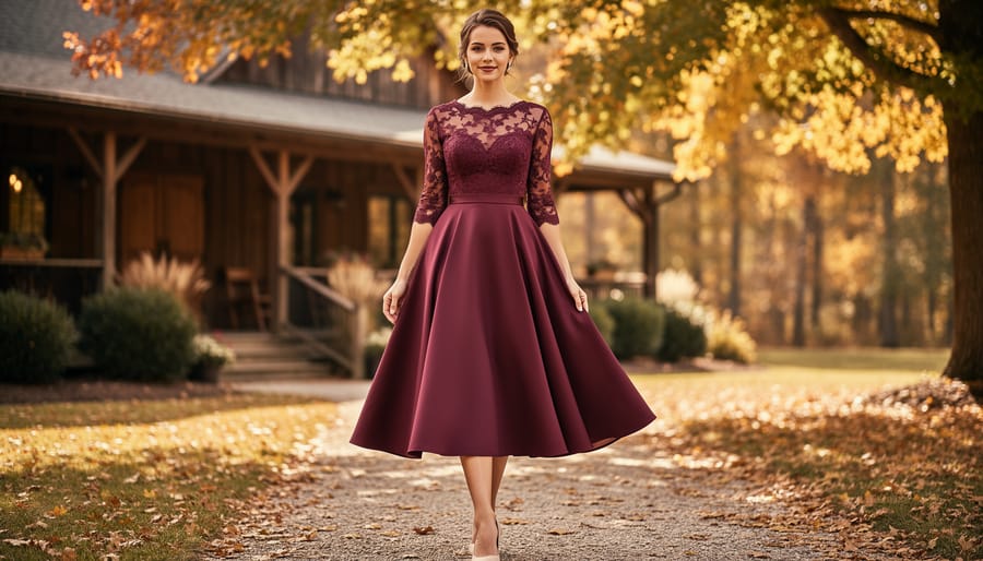 Plus-size model wearing an A-line midi dress with a lace bodice in autumn outdoors
