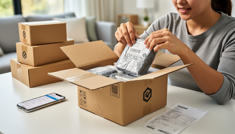 Blush-colored garment bag being removed from an open shipping box in a bright entryway