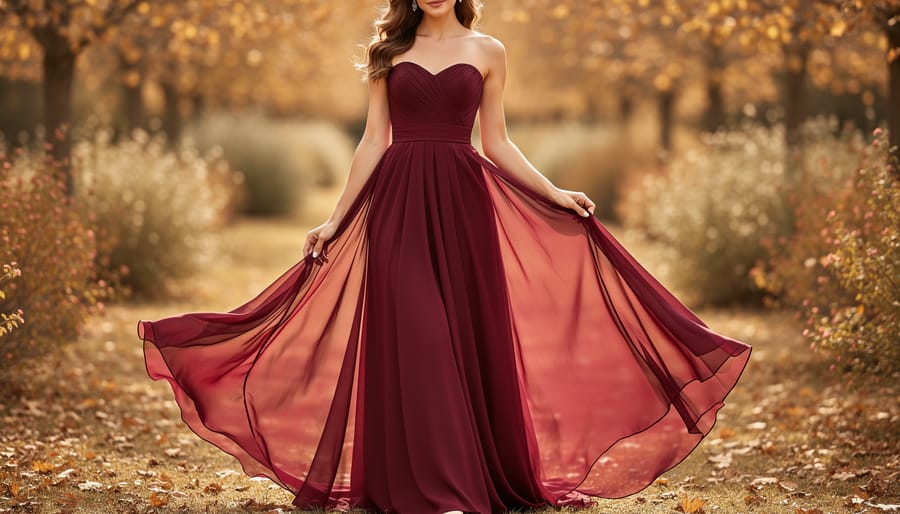 Plus-size model wearing a burgundy empire waist chiffon gown with flowing layers