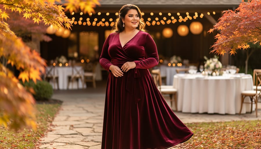 Plus-size wedding guest wearing a burgundy velvet wrap-style midi dress outdoors at an autumn wedding venue with blurred maple leaves and warm lighting.