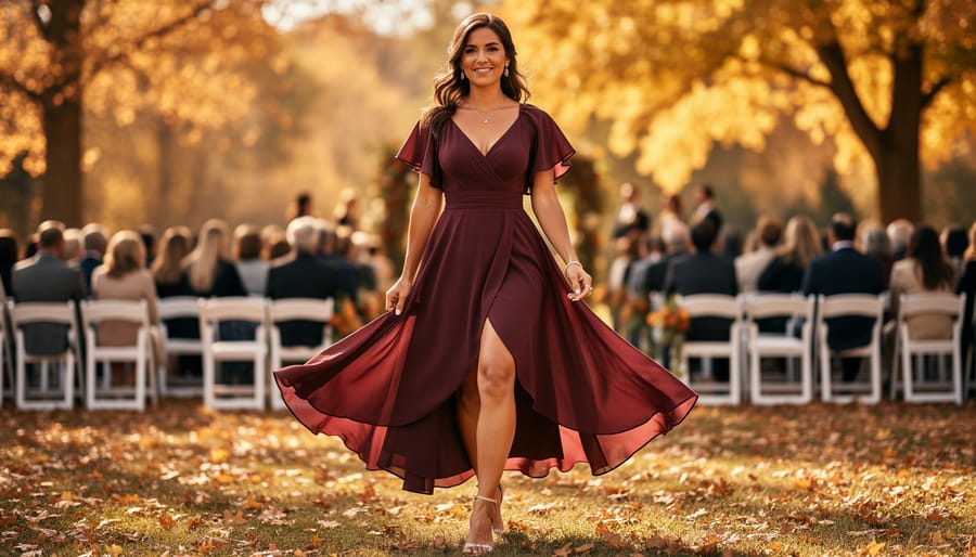 Plus-size model wearing a high-low hem dress with flutter sleeves outdoors in autumn