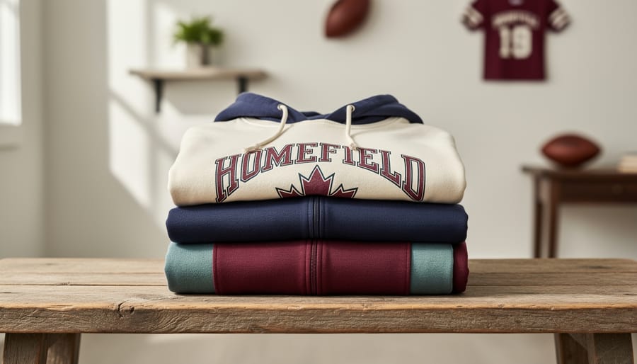 Vintage-inspired sports T-shirt, hoodie, and joggers laid on a wooden bench in a cozy indoor setting.