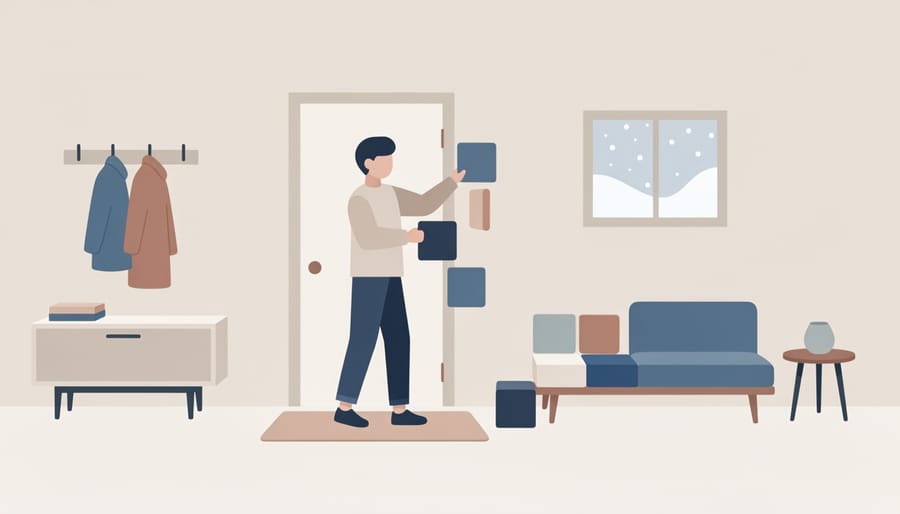 A shopper arranging Homefield-style casual clothing at home with a parcel beside a mirror