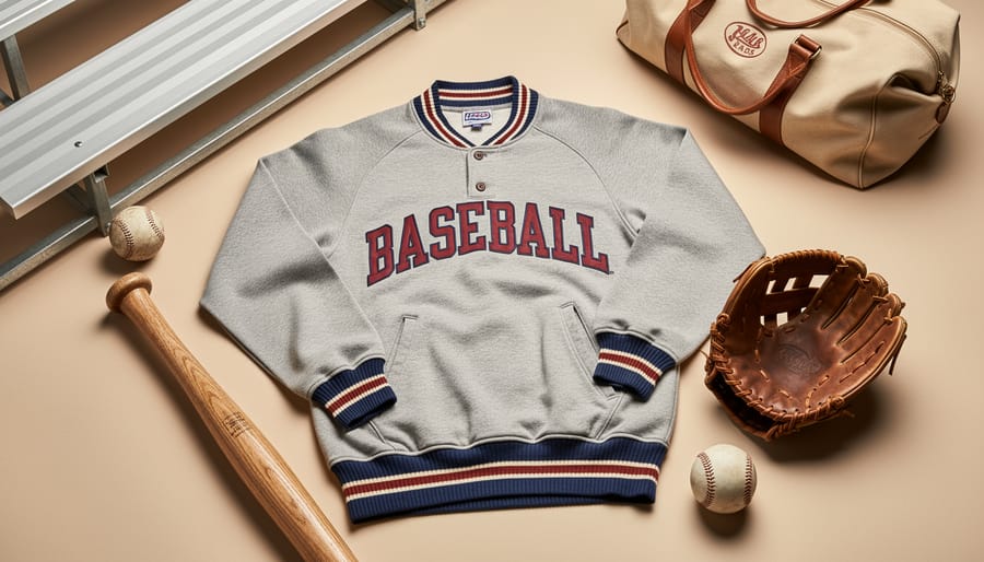 Vintage collegiate baseball pullover draped over a wooden bench beside a glove and baseball