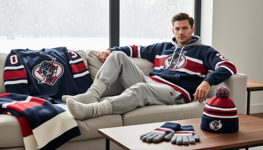 Hockey-inspired hoodie on a mannequin in a cozy winter setting with a hockey stick nearby