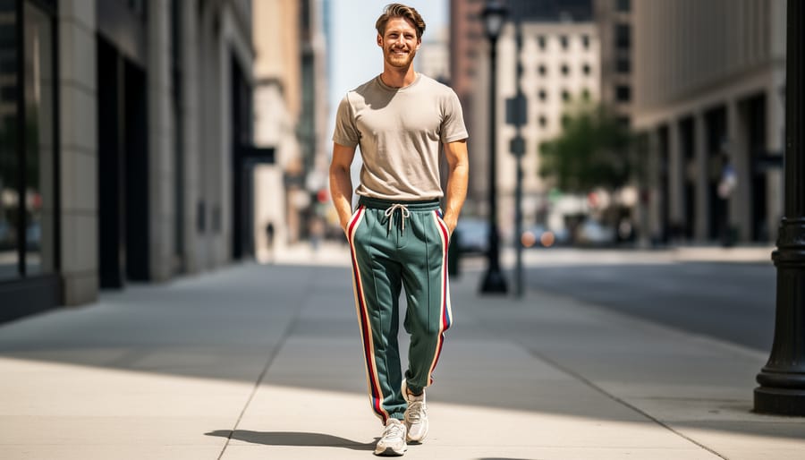 Person wearing retro athletic joggers in a casual street setting