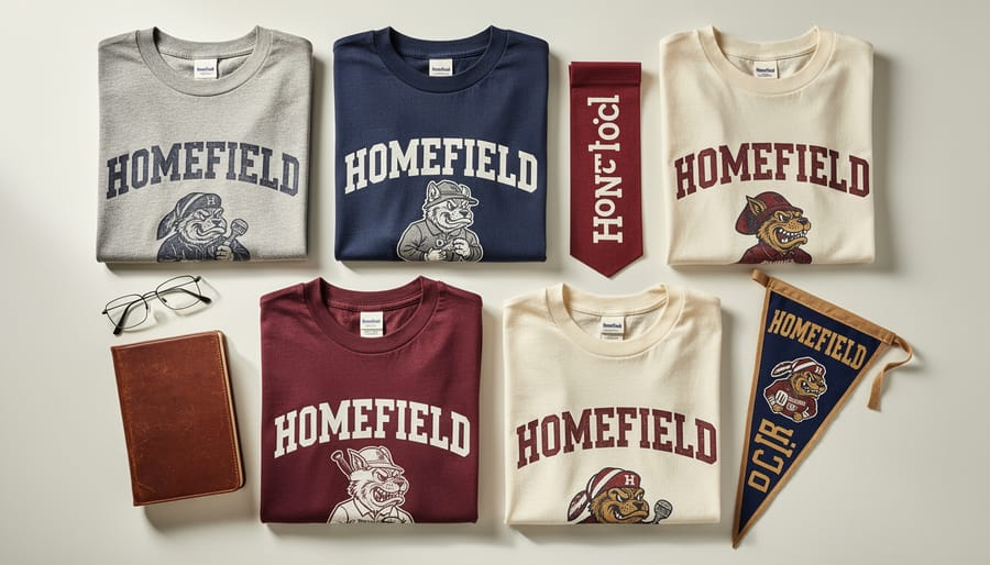 Folded vintage-inspired collegiate logo T-shirts on denim with warm natural light