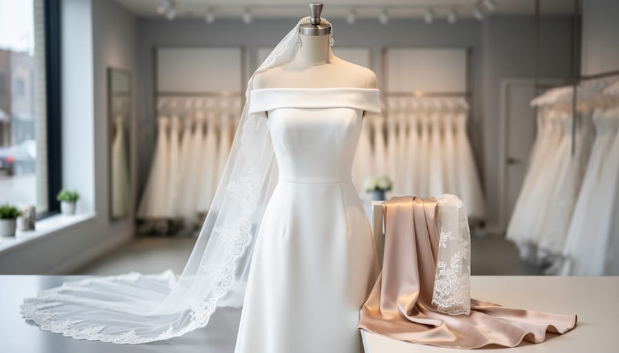 Close-to-medium view of a simple off-the-shoulder white wedding dress on a mannequin styled with a lace veil, drop earrings, and a draped silk scarf in a bright bridal setting.