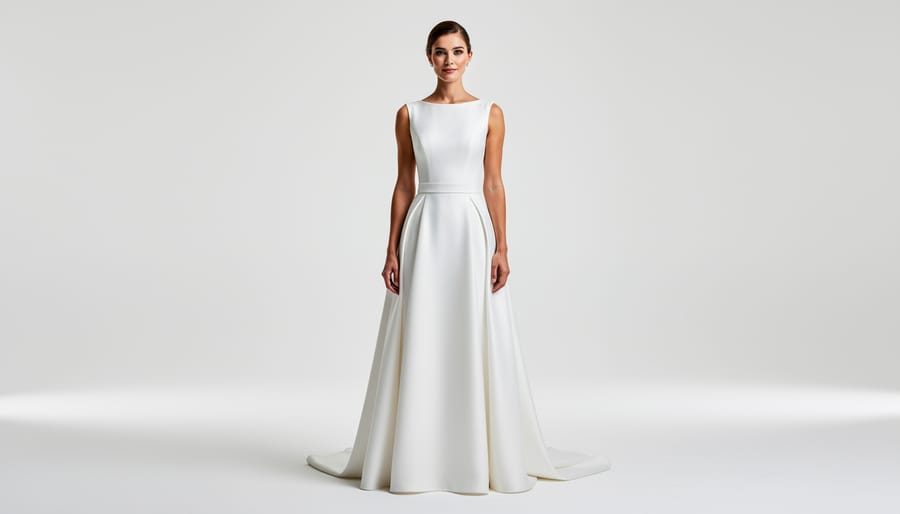 Bride trying on a simple off-the-shoulder wedding dress in a bright boutique.