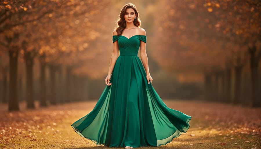 Plus-size model wearing an off-the-shoulder deep jewel tone maxi dress at an outdoor fall venue