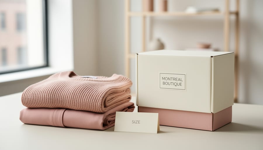 Blush-pink fashion garments arranged on a neutral tabletop next to a parcel box in a clean studio setting, representing Royal Blush’s direct-to-consumer ordering experience.