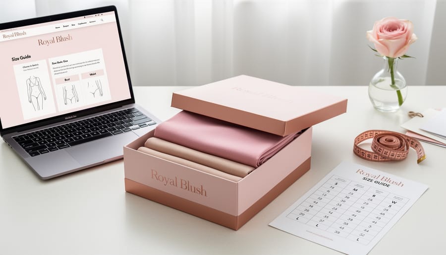 Blush-pink clothing pieces folded on a light table with a measuring tape nearby in a boutique-style setting