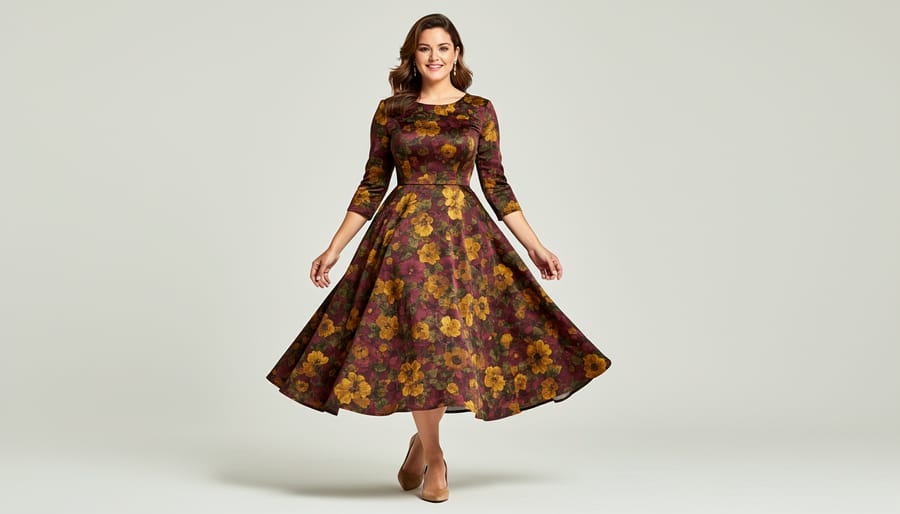 Plus-size model in a three-quarter sleeve fit-and-flare floral dress outdoors at golden hour