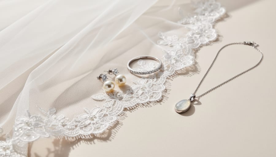 Flat lay of an ivory cathedral-length veil, pearl jewelry, and satin wedding shoes.