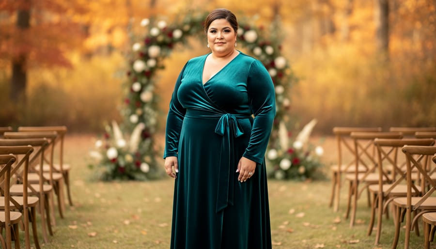 Plus-size model wearing a jewel-toned velvet wrap dress with long sleeves outdoors in autumn foliage