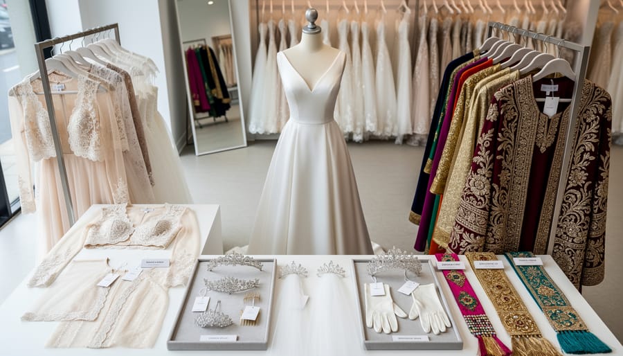 Close arrangement of bridal accessories and detachable sleeve and headpiece pieces on a styling table