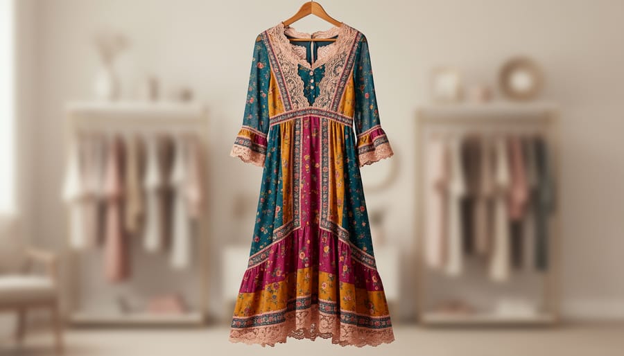 Colorful boho wedding gown with bold lace detail on a mannequin in a boutique fitting-room setting