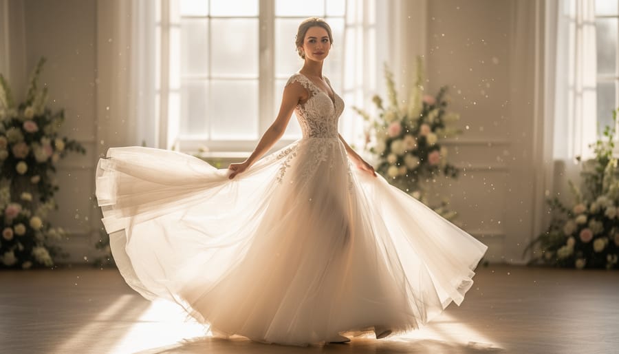 Bride wearing an ethereal layered tulle wedding dress moving in a golden-hour meadow