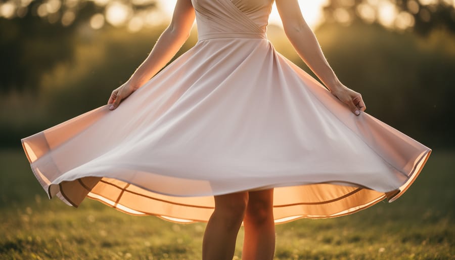 Bride twirling in a flowing A-line whimsical wedding dress outdoors at golden hour