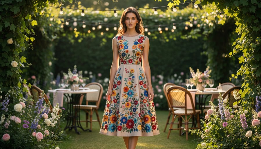 Whimsical garden-party midi wedding dress with colorful embroidery displayed outdoors near a rustic table